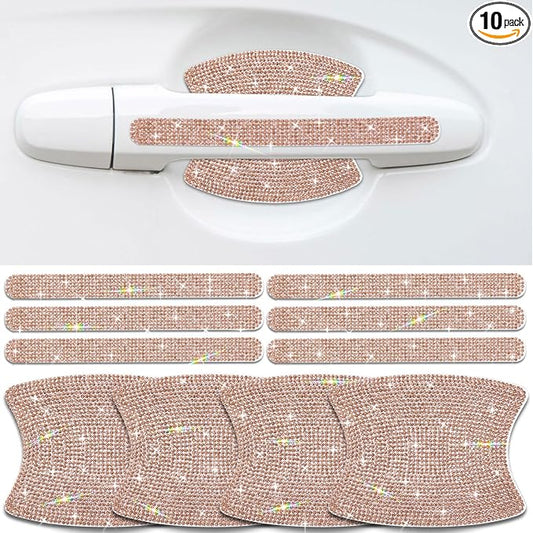 10PCS Car Door Handle Bling Rhinestones Stickers, New Champagne | Universal Auto Door Handle Safety Reflective Strips, Cute Girl's Decoration for Car