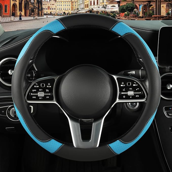 Black Blue Microfiber Leather Steering Wheel Cover 15 inch | Breathable Anti Slip Grip Cool Sporty Look Glow for Women Men