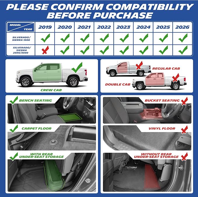 Michelin Vehicle Mats, All-Weather TPE Custom Fit Liner for 2019-2026 Silverado/Sierra 1500 & 2020-2026 2500/3500 Crew Cab Bench Seat Carpet Floor with Rear Under-Seat Storage, Premier