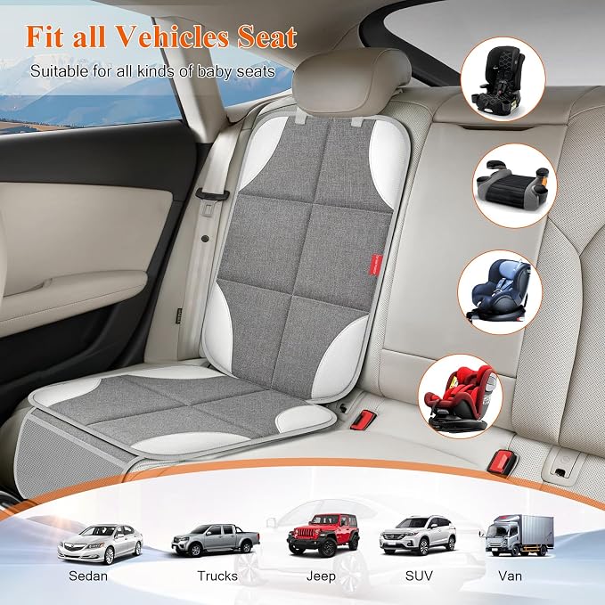 Car Seat Protector for Child Car Seat, 600D Fabric Carseat Seat Protectors, Seat Protector Under Baby Pet Car Seat with Upgraded Non-Slip Backing, Mesh Storage Pockets, Silver-Gray, 1PCS