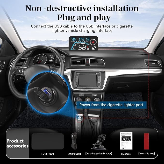 Liiiyuan Head Up Display G12, A Car Head Up Display with Multifunctional Mileage Display, Suitable for All GPS Speedometer Models, USB Plug and Play, Easy Installation