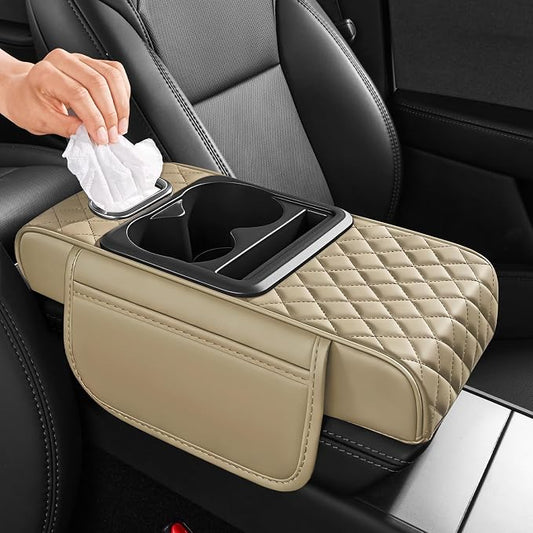 5 in 1 Nappa Leather Console Armrest Cover, Beige | Built-in cup holder, tissue slot, phone holder & 2 storage pockets, practical car accessories fit SUV sedan truck