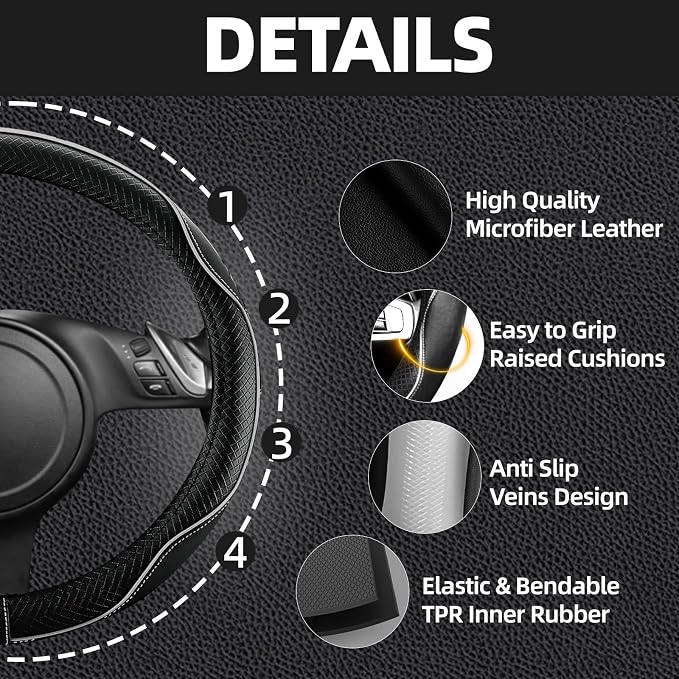 NBTEPEM Microfiber Steering Wheel Cover and Waterproof Car Floor Mats, Universal Fit Most Truck, SUV, Cars, 14.5-15inch Sporty Steering Wheel Covers with Anti-Slip Lining (Black with Grey line)