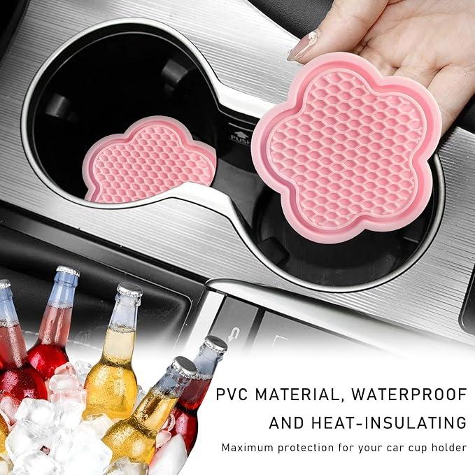 DXNQ 2 PCS Car Cup Coasters, Cute Flower Shaped Car Cup Holder Mat, PVC Waterproof Anti Slip Vehicle Cup Holder Insert Coaster, Universal Car Interior Decor Accessories (Pink)