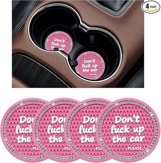 Ziciner 4 Pack Bling Car Cup Holder Coaster, 2.75 Inch Anti-Slip Auto Insert Cup Coaster, Crystal Car Drink Cup Mat Perfect for Women Girls, Universal Interior Decor Accessories (Pink)
