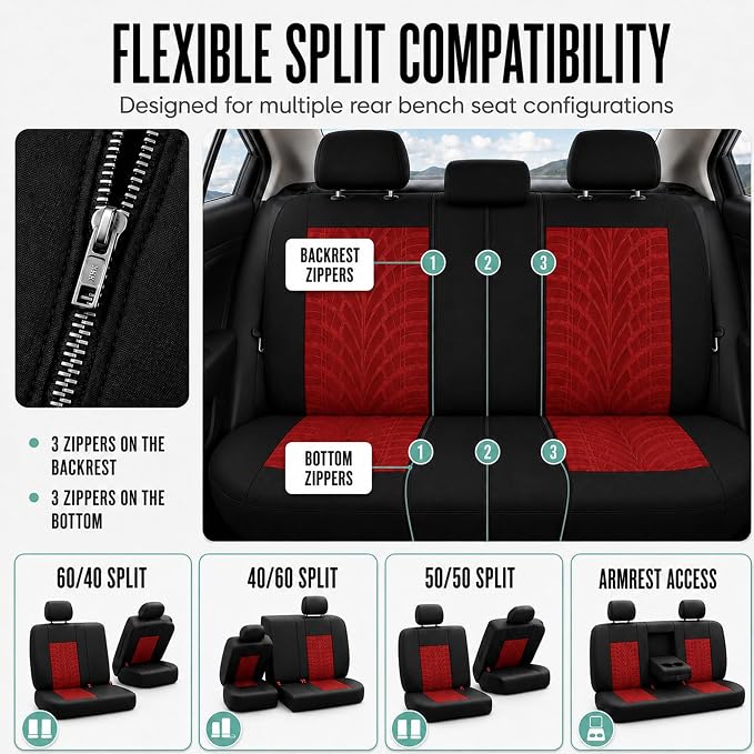 FH Group Rear Set Travel Master Car Seat Covers - Universal Fit, Split Bench Rear Seat, Washable, for SUV, Sedan, Red