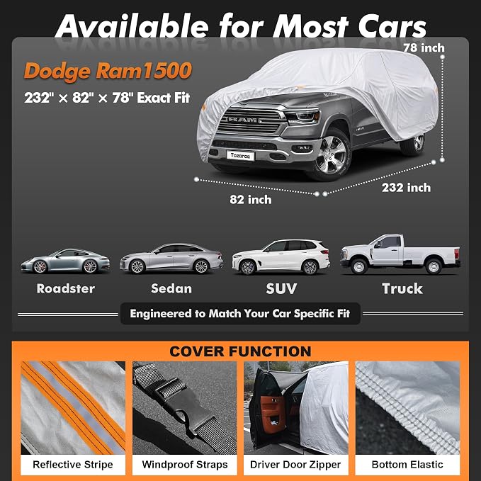 Truck Cover Waterproof All-Weather,Outdoor Full Exterior Pickup Covers for Truck Cover with Camper Shell Topper (229-246 inch),with Windshield Sun Shade,Size T5+ (See Size Chart)