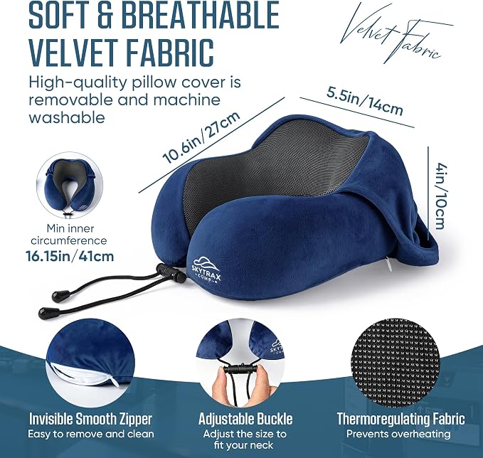 SkytraxComf® Travel Neck Pillow with Hood for Privacy on Long Flights | Memory Foam | Airplane Sleep | Safety-Tested Materials | Extra Large Hood | Chin Support | Earplugs | Washable Cover