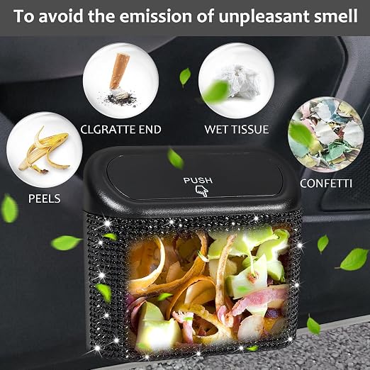 Accmor 2 Pack Bling Car Trash Can with Lid, Small Garbage Can, Auto Garbage Storage Bin with 90pcs Garbage Bags, Sparkling Crystal Trash Bags Holder for Car, Home, Office Storage (Black Rhinestone)