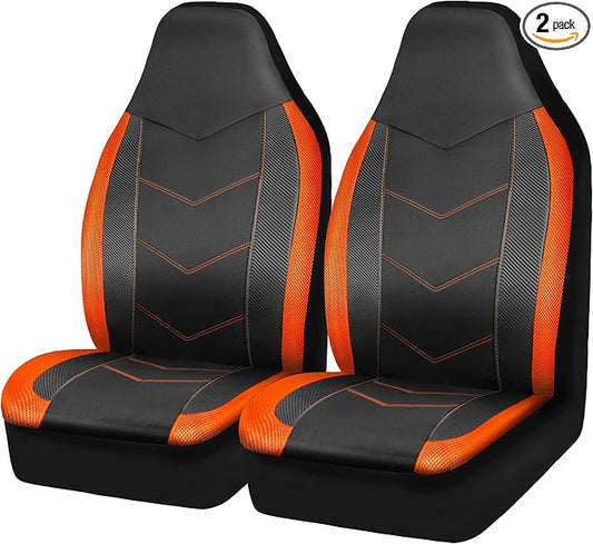 PIC AUTO High Back Front Car Seat Covers - Sports Carbon Fiber Mesh Design, Two Front Set, Airbag Compatible, Universal Fit for Most Cars (Orange)
