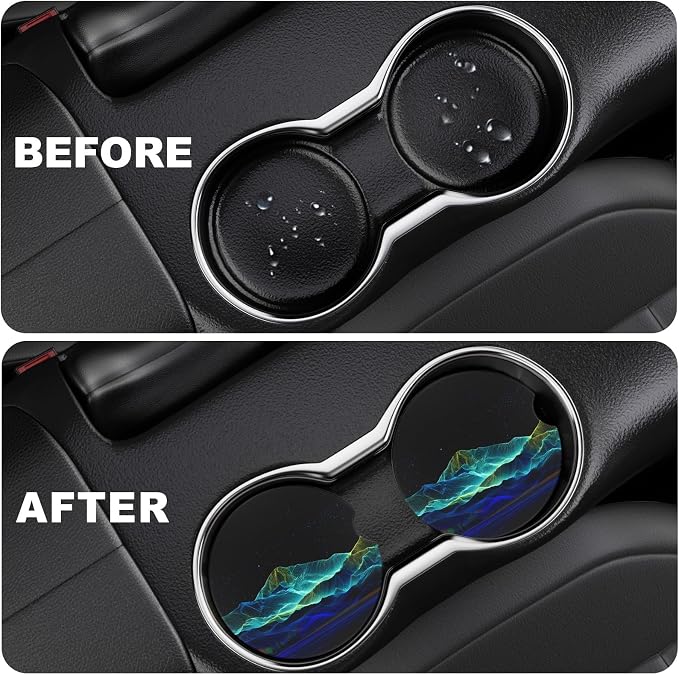 2 Pack Car Cup Holder Coaster, 2.63 inch Anti Slip Insert Absorbent Ceramic Car Coaster with Cork Base and Finger Notch, Cute Car Accessories Interior for Women, Cute Car Coasters.