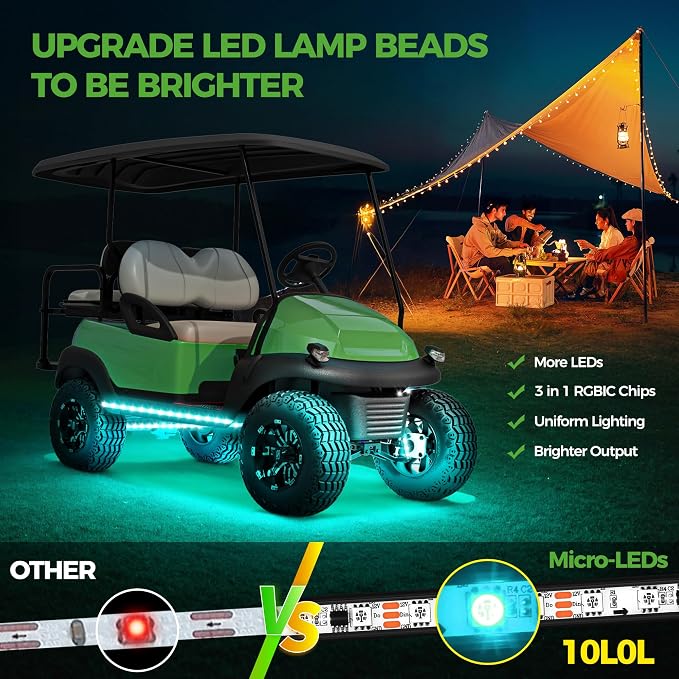 10L0L 4PCS Golf Cart Underglow LED Light Kit, Underbody RGB Strip Lights, 24-Mode Neon Accent Lighting, Music Sync, Wireless Remote, IP67 Waterproof, 12V-80V Input for EZGO Yamaha Club Car