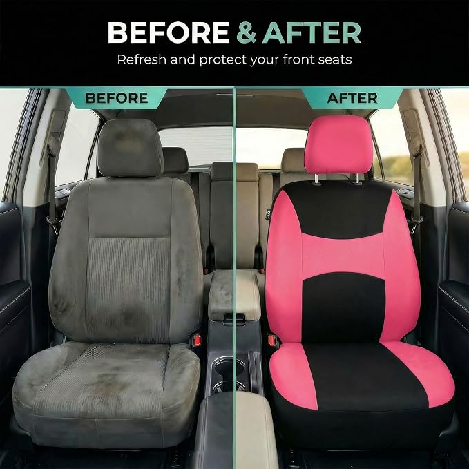 FH Group Universal Car Seat Covers Front Set for SUV Truck Sedan Vans | Waterproof All-Purpose Cloth Seat Cover Set Airbag Compatible Washable Split Bench Protector Interior Upgrade - Pink