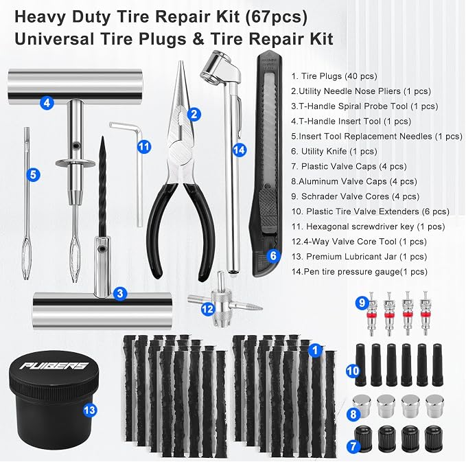 Tire Plug Kit Heavy Duty Professional - 67 Pcs Tire Repair Kit with Plugs for Car, Truck, SUV, Motorcycle, Semi Truck, Tractor, RV & ATV - Tire Repair Tools to Fix Punctures