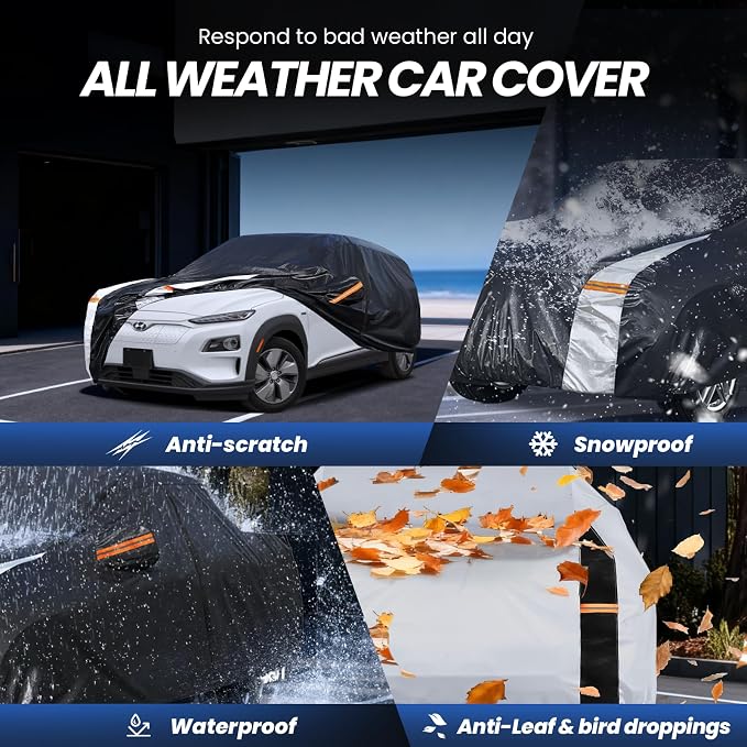 Multi-Layer Car Cover Custom Fit for Hyundai Kona(EV)(2017-2026), 100% Waterproof All Weather for Automobiles, Gift with Towel, Heavy Duty Car Covers for Rain Sun UV Protection with Door Zipper.