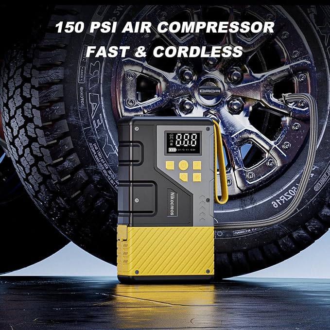 Portable Car Jump Starter with Air Compressor Tire Inflator Battery Jumper | Jump Box 3000A Peak and 150 PSI Air Pump ,for 12L Gas & 10L Diesel Engines,LCD Display,LED Light
