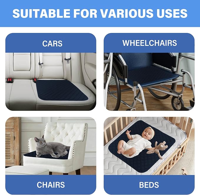 SPRING SEAON Waterproof Chair Pads for Incontinence 22"x21" – Thickened Washable Reusable Seat Protector, Non-Slip Absorbent Pad for Adults, Seniors, Wheelchair, Recliner, Car Seat & Bed(Navy, 1 Pack)