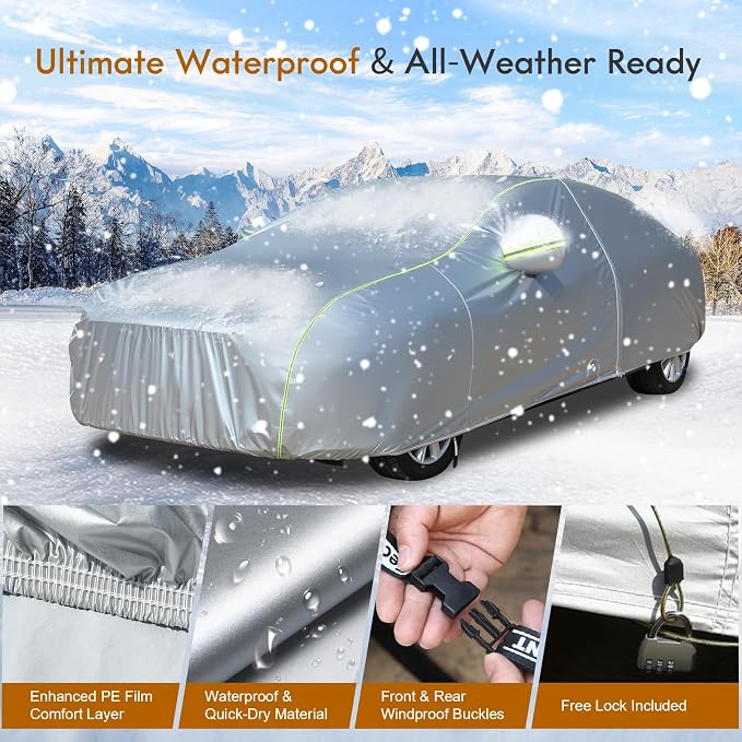 Tecoom Car Cover for Automobiles Waterproof, Windproof Sun Rain Snow Protection Fit for Tesla Model 3 Toyota Corolla 2000-2023 Honda Civic 1991-2023, Kia Stinger/Forte, Full Covers Sedan 191-200"