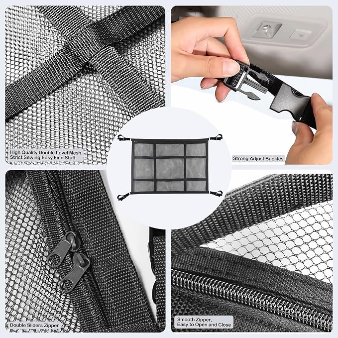 Car Ceiling Cargo Net Pocket for Audi RS Q3 Sportback 8U/F3 2014-2020 2021 2022 2023 2024 2025 2026 Mesh Overhead Storage Organizer Car Roof Storage Bag for Camping Road Trip