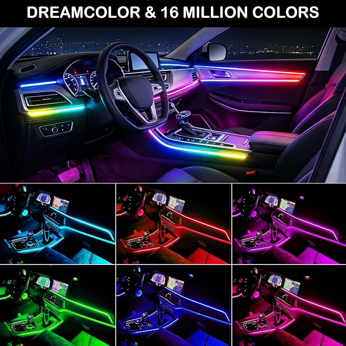 Interior Car LED Strip Lights, RGB Dynamic Dreamcolor Chasing Acrylic LED Lights for Car, USB Powered Ambient Lighting Kits with Wireless APP, Sound Active Function Car Neon Lights (1 in 1)