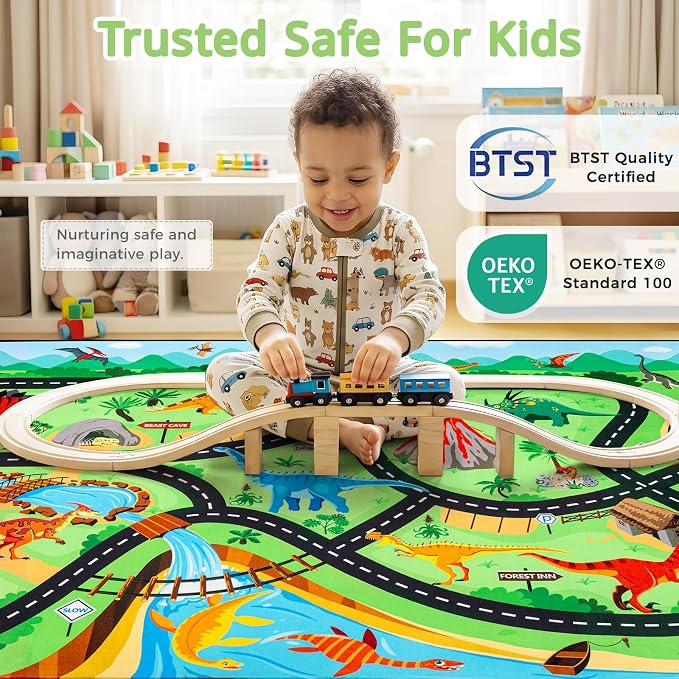 Kids Dinosaur Rug, 6x9 Ft Car Rug Play Mat for Kids | Extra Thick 0.4 in Soft Non-Slip Car Carpet Play Dino Rug with Realistic Roads for Toy Cars,Bedroom, Playroom & Nursery