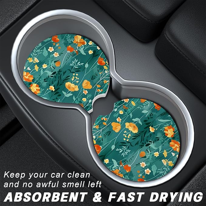 Aiawoxc Car Cup Holder Coasters, 2 Pack Universal Auto Anti Slip Insert Coaster with A Finger Notch, Cup Mat for Most Car Interior, Beautiful Flowers
