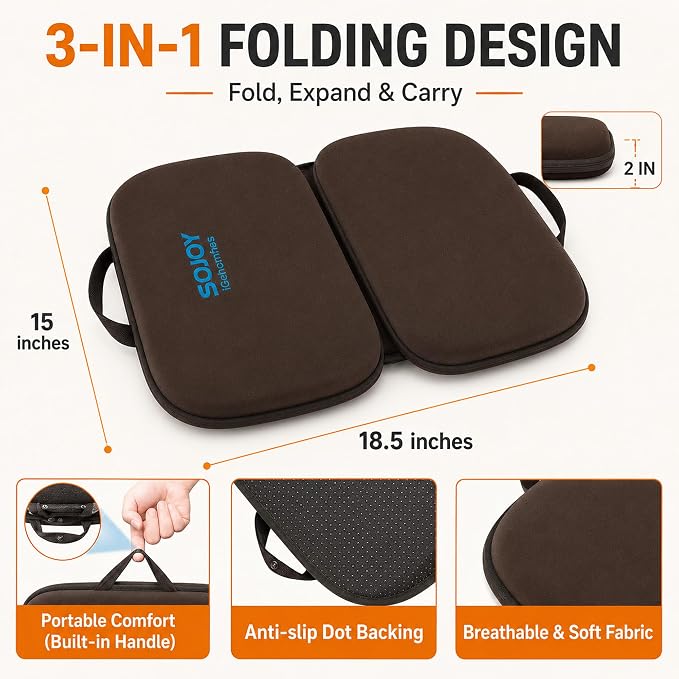 Sojoy 3-in-1 Foldable Gel Seat Cushion with Memory Foam Ergonomic Portable Cushion for Back Pain & Tailbone Relief - Perfect for Office Chair, Airplane Travel & Stadium Seats (18.5" x 15" x 2" Brown)