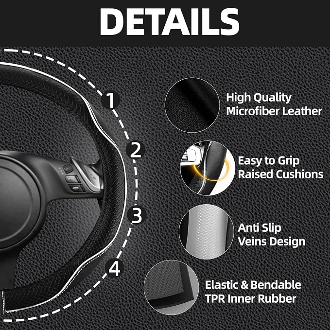NBTEPEM Microfiber Steering Wheel Cover and Waterproof Car Floor Mats, Universal Fit Most Truck, SUV, Cars, 14.5-15inch Sporty Steering Wheel Covers with Anti-Slip Lining (Black with White line)