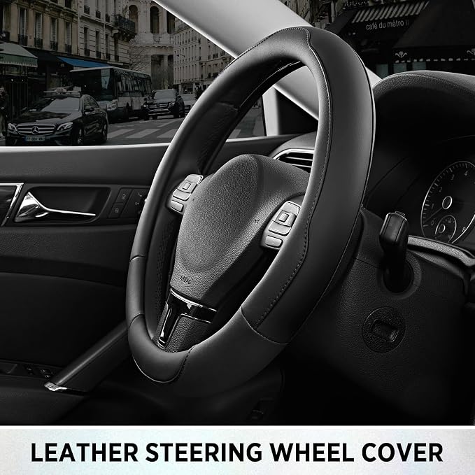 Road Comforts Steering Wheel Cover, Breathable Anti-Slip Leather Steering Wheel Cover, Universal Fit 14.5–15 Inch, Comfortable Grip - Black Color