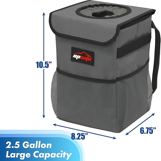EPAuto Waterproof Car Trash Can with Lid and Pockets, 2.5 Gal, Dark Gray | Leakproof, Collapsible Multipurpose Car Bin with 3 Side Storage Pockets, Adjustable Straps