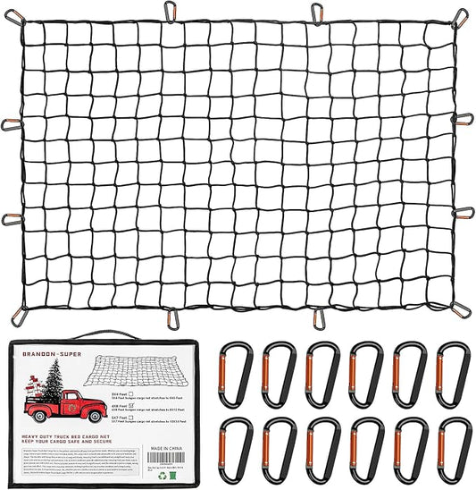 Heavy Duty Cargo Net for Pickup Truck Bed - Stretches from 5' x 7' to 15' x 21' - 12 Metal Carabiners - Compatible with Ford, Dodge RAM, Chevy, Toyota - Ideal for (Black, 5X7 Feet)