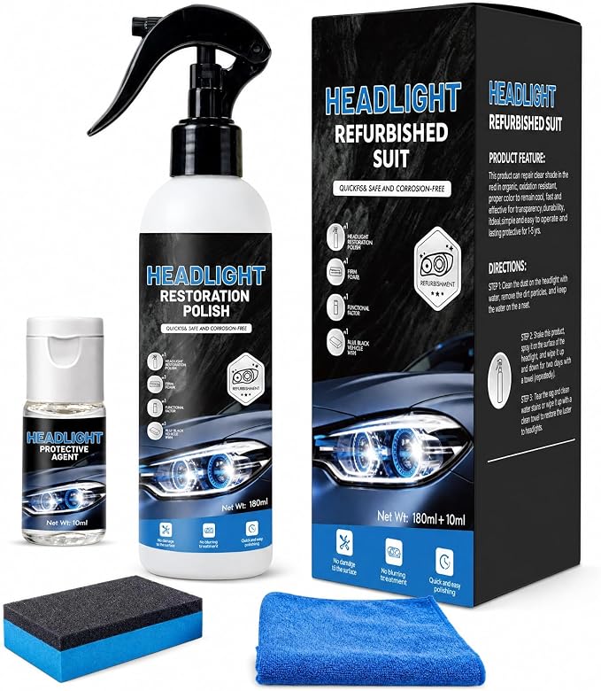 Headlight Restoration Kit, Removes Oxidation & Yellowing, UV Coating | 180ml polish + 10ml ceramic coating, sponge & towel; for cars, trucks, SUVs, motorcycles; long-lasting UV protection