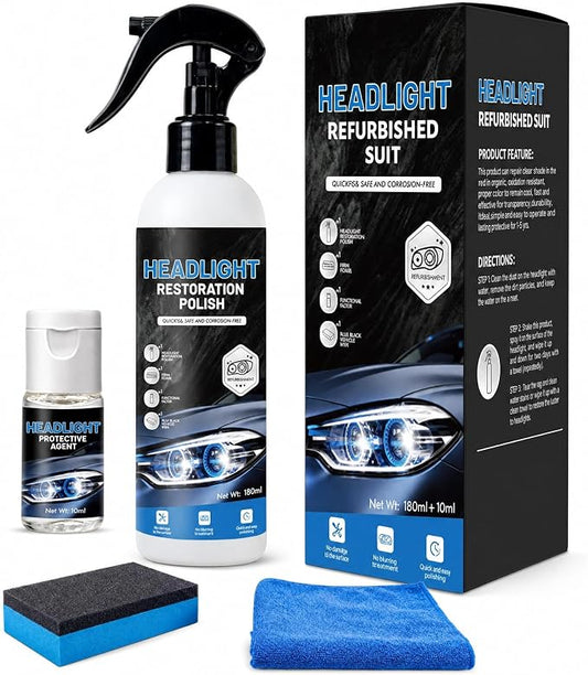 Headlight Restoration Kit, Removes Oxidation & Yellowing, UV Coating | 180ml polish + 10ml ceramic coating, sponge & towel; for cars, trucks, SUVs, motorcycles; long-lasting UV protection