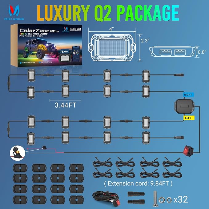 MICTUNING Q2+ MAX RGB+IC Rock Lights - 16 Pods Multi-Color DIY Effect Underglow Neon Kit, Individual Group Control, APP Music Sync, IP68 Waterproof