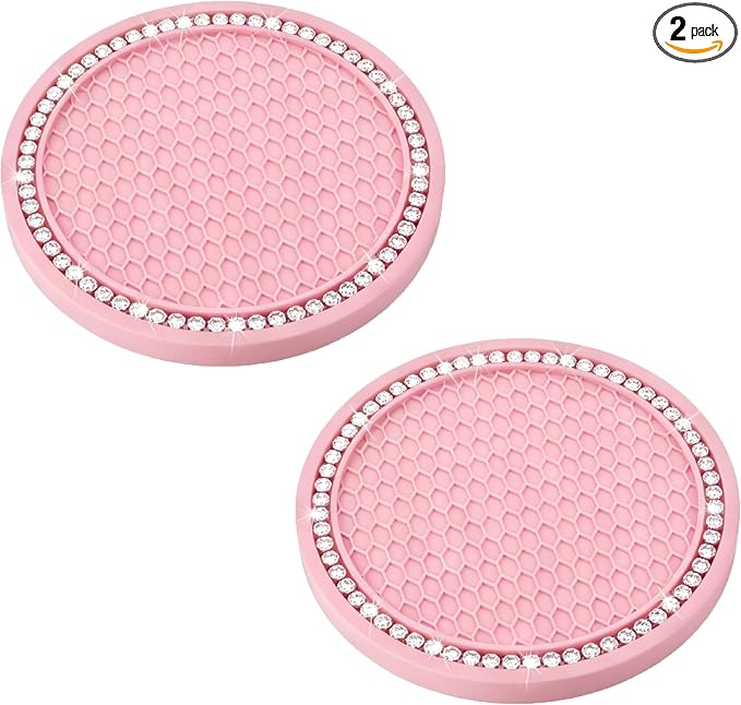 BFXM 2 PCS Bling Cup Holder Coasters for Car, 2.75 inch Diamond Universal Non-Slip Pink Silicone Cup Holder Coasters, Sparkly Bling Car Accessories for Women(White Diamond)
