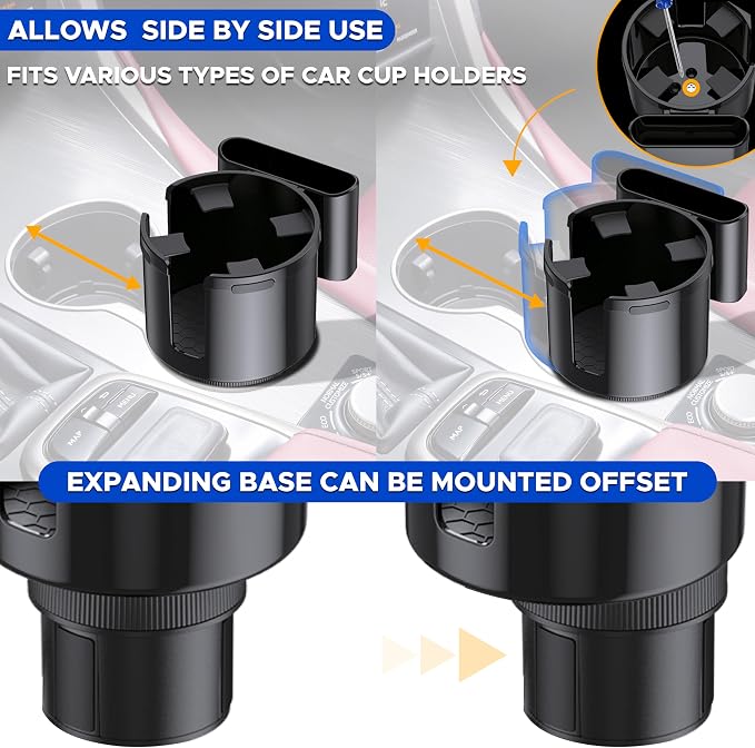 Econour Car Cup Holder Expander | Fits with Hydro Flasks, Yeti, Nalgene & Large Water Bottle (32 40 oz) | Phone Holder - Adjustable Automotive cupholder Extender for car with Expandable Base | Black