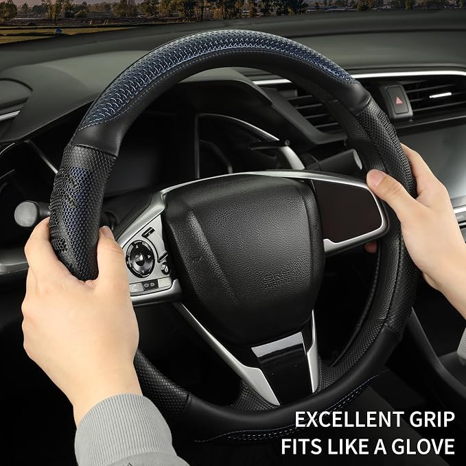 Anti-Slip Silicone Steering Wheel Cover Great Grip with 3D Honeycomb | Heavy-duty Microfiber Leather Sporty Design, Universal 14.5 inch - 15 inch, Black with Blue