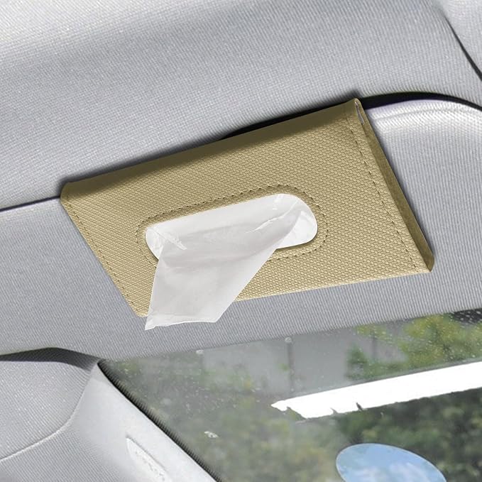 Car Visor Tissue Holder, Tissue Box Holder for Car, Leather Auto Sun Visor Napkin Case Mask Dispenser, Automotive Accessories Rectangular Hanging Auto Napkin Box Fit for Most Vehicles (Beige)