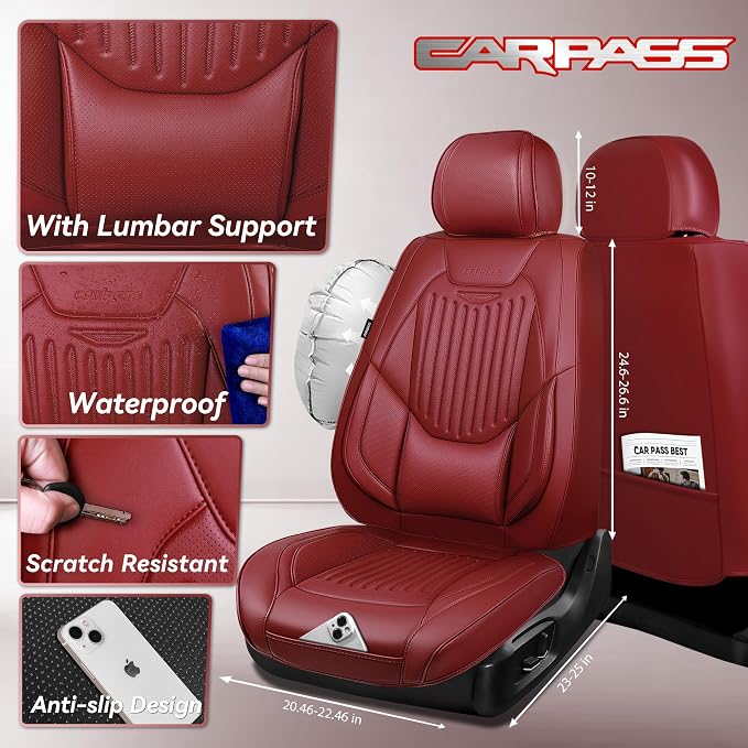 CAR PASS Luxury Nappa Leather Car Seat Covers Full Set, Lumbar Support Seat Covers for Car 5 Seats, Waterproof Car Seat Protector, Automotive Seat Covers Universal Fit for Sedans SUV Trucks Burgundy