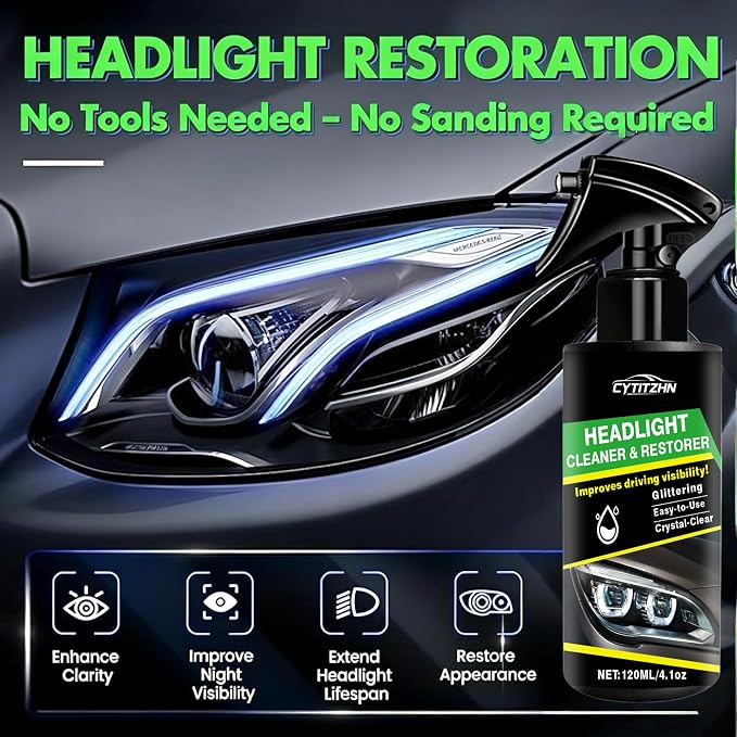 Headlight Restoration Spray – Instant Oxidation, Yellowing & Stain Removal, Restores Cloudy Headlamps to Like New, Portable Cleaner for All Cars – 120ml/4.01oz