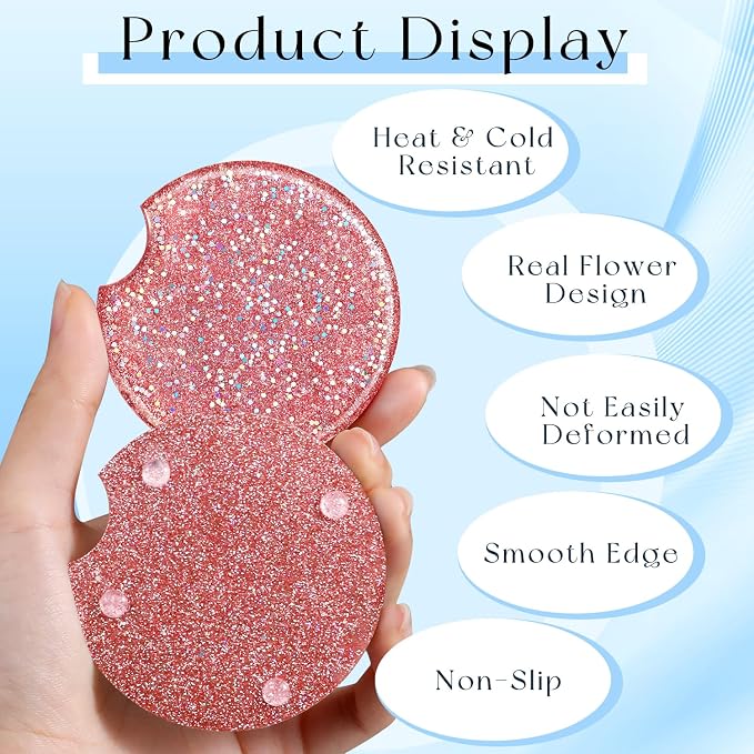 Swooflia Flower Car Cup Holder Coasters for Women - 2.75 Inch Cute Resin Clear Automotive Drink Cupholder Insert Car Accessories 2 Pack Bling Pink