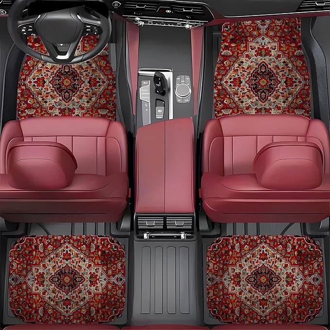 Universal Fit Car Floor Mats Set of 4Pcs, Bohemian Retro Red All-Weather Front Rear Car Carpet Mats, Non-Slip Car Floor Mat Car Accessories for Automotive Trucks SUV Sedans Vans