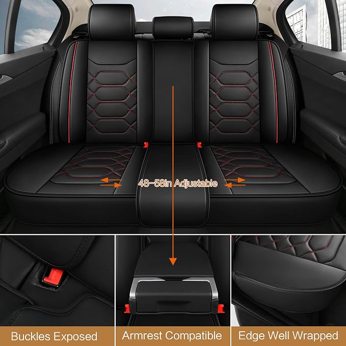 Pariitadin Leather Car Seat Covers Full Set, Waterproof Faux Leather Seat Covers for Cars, Non-Slip Car Interior Covers Universal Fit for Most Cars Sedans Trucks SUVs, Black/Red