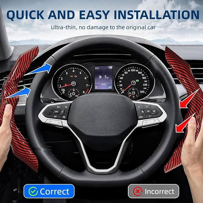 Carbon Fiber Steering Wheel Cover 2PCS Segmented Clip-on Protector (Red) | Universal Fit, Anti-Slip Lining, Sporty Style, Car Interior Accessory for Men and Women