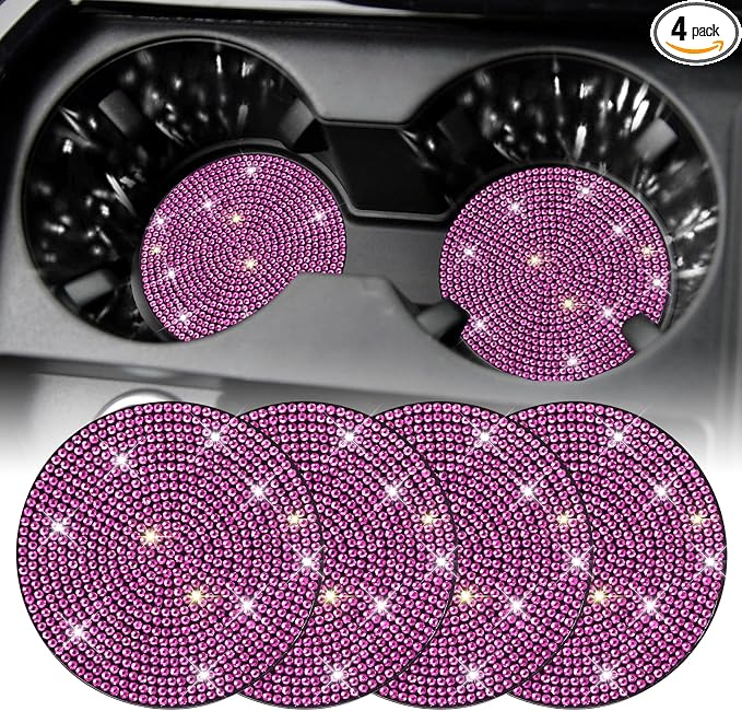 SINGARO Bling Cup Holder Coasters for Car, 4PCS Universal Non-Slip Cup Holder, Embedded Decorative Coasters, Shiny Crystal Car Interior Accessories Gifts for Women (Pink)