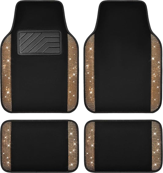 CAR PASS Bling Diamond Car Floor Mats, Shining Rhinestone Carpet Sparkly Glitter Crystal with Anti-Slip PVC Heel Pad Waterproof Universal Fit Automotive SUV,Sedan,Van,Cute Girl Women,4pcs Golden