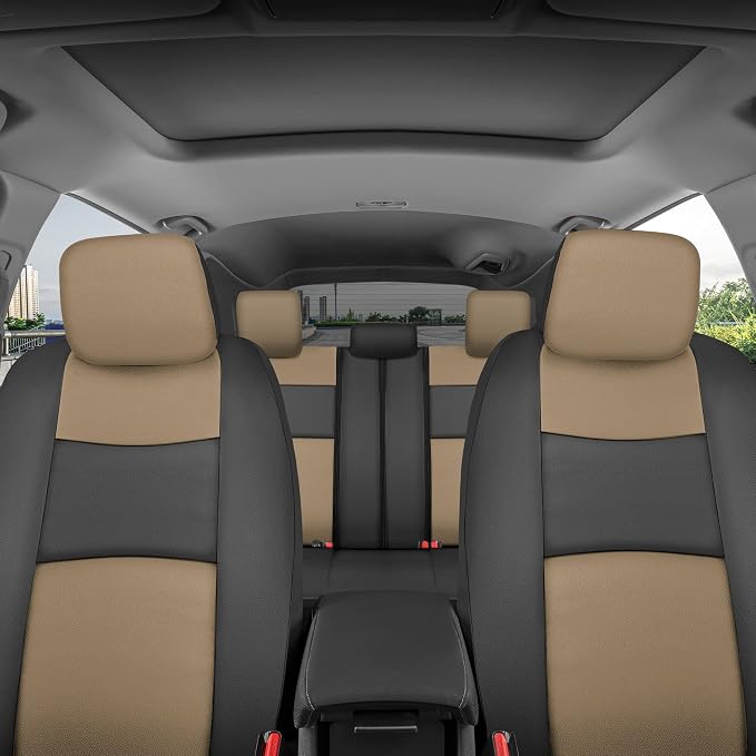 BDk Faux Leather Car Seat Cover Full Set - Front & Rear Split Bench Beige Seat Covers for SUV & Truck Seat Covers, Airbag Compatible - Interior Protective Seat Covers for Car Seats & Car Accessories
