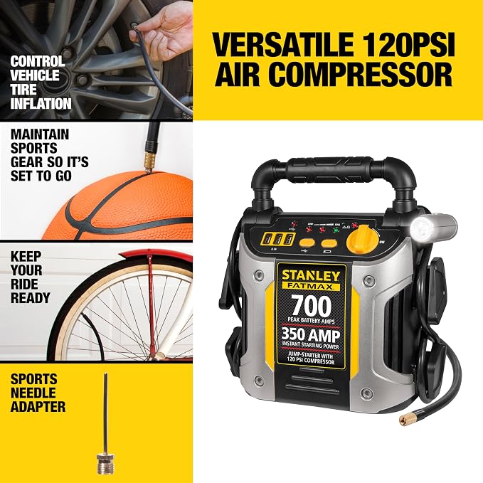 Stanley J7CS 700 Peak Amp Automotive Jump Starter, Portable Power – Triple 15W USB Ports, 120 PSI Air Compressor | Portable Power Station with Triple 15W USB