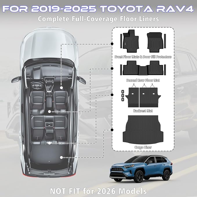 Floor Mats for Toyota RAV4 2019-2025 (Include Hybrid) | All Weather TPE Floor Liners, Custom Fit Floor Mat for RAV4, Cargo Liner, Backrest Mats & Door Sills, Full Coverage Set