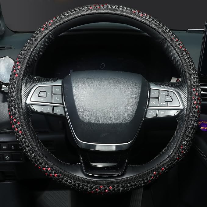 KAFEEK Elastic Mesh Car Steering Wheel Cover, Cute Black Red, 15 Inch | Cooling Breathable Fabric, Non Slip Protector for Women Men, Summer Winter, Universal Fit